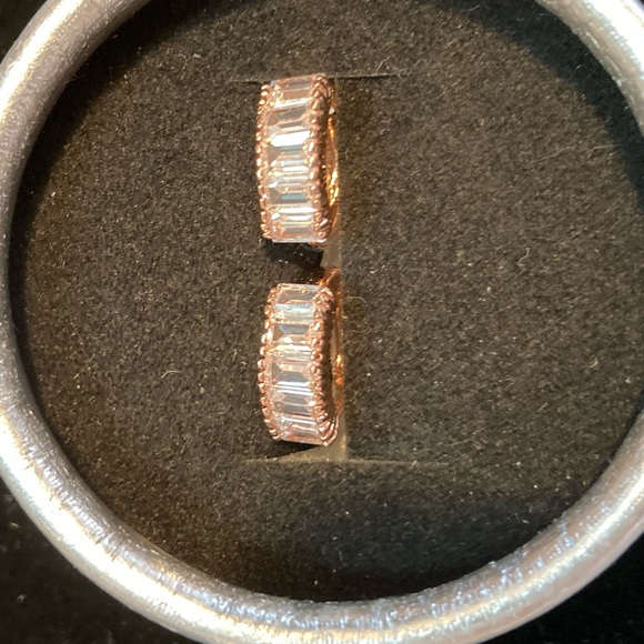 ROSE Gold plated ribbed edged Huggies. 5 Emerald cut Swarovski Crystal